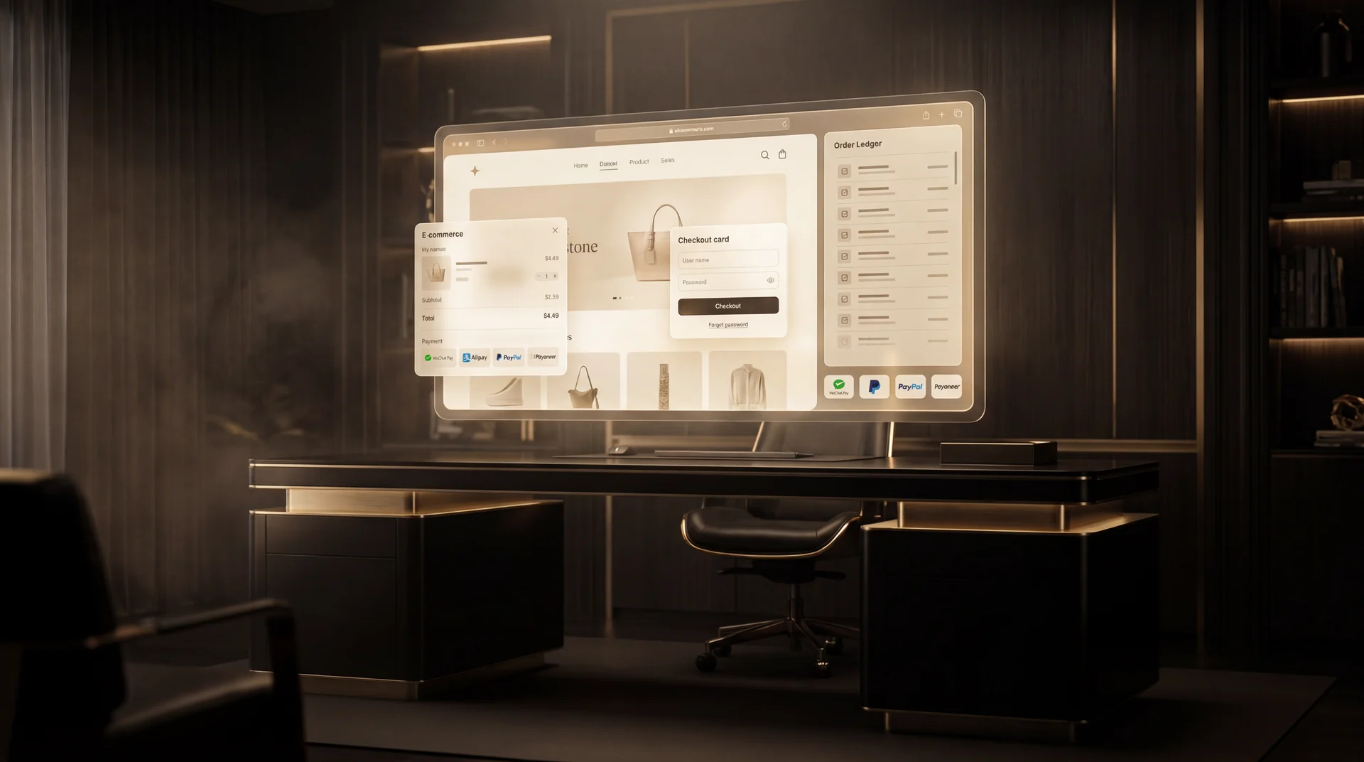Your finished commerce desk: a glowing checkout, storefront, and order ledger above one obsidian desk
